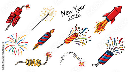 Happy New Year 2026 with colorful fireworks and party poppers illustration