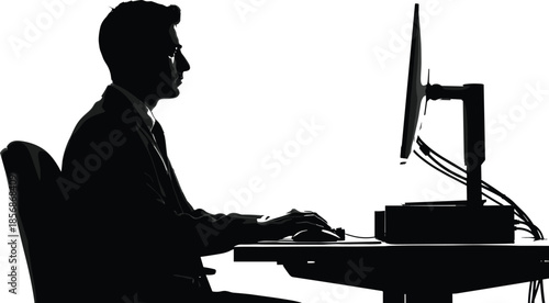 Businessman silhouette working on desktop computer at office desk, male employee using keyboard and mouse for corporate task, professional workspace vector illustration