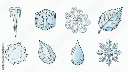 Collection of winter and ice elements, including icicles, snowflake, and ice cube