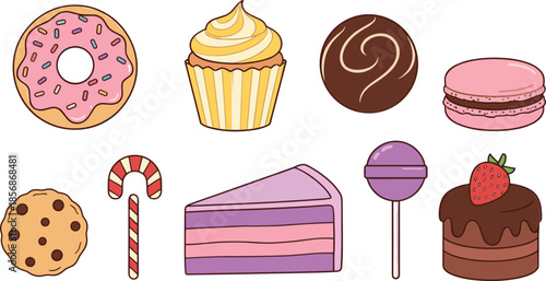 Cute cartoon desserts set with donuts cupcakes cake macarons and sweets colorful illustration collection