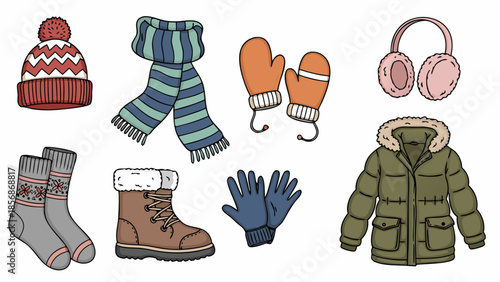 Collection of winter clothing and accessories for cold weather protection