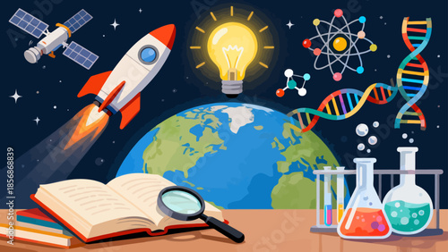 Science and discovery theme with space and lab elements