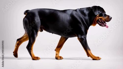 Ultra-Realistic Cinematic Studio Video of a Powerful Rottweiler Dog. Standing, Trotting, and Close-Up Portrait on Pure White Seamless Background with Premium Lighting