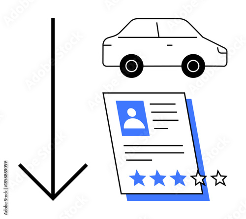 Downward arrow, car outline, and user profile with a 5-star rating. Ideal for travel services, rental platforms, feedback systems, user satisfaction, reviews, digital applications simple flat