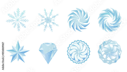 Collection of abstract ice and snowflake designs with a blue gradient