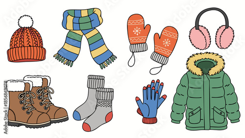 Collection of winter clothing and accessories for cold weather protection