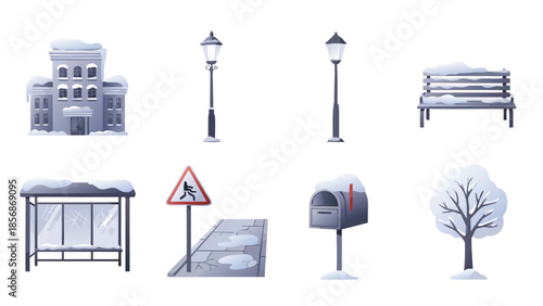 Winter street elements covered in snow, isolated on white background