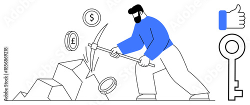 Cryptocurrency concept. Cryptocurrency mining with a man extracting digital coins thumbs up Bitcoin and Pound symbols. Cryptocurrency modern financial trends. For fintech, blockchain, finance apps