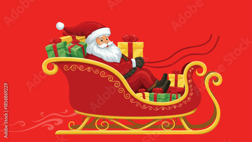 Santa Claus riding in his sleigh filled with gifts on a red background