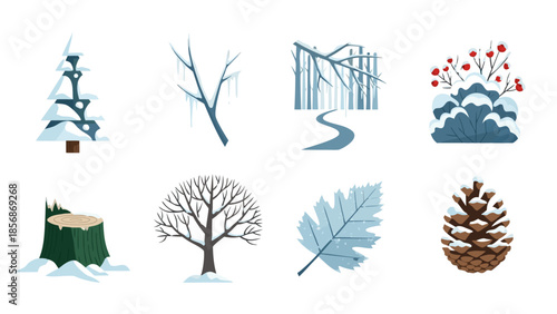 Collection of winter nature elements with snow and ice