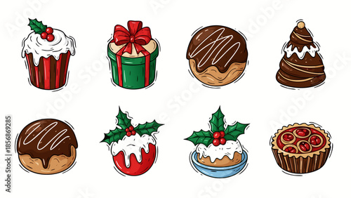 Collection of festive Christmas treats and gifts, hand-drawn style