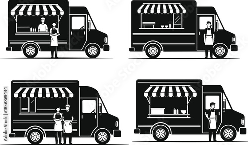 Food truck vector set, street food van silhouettes with chefs and striped awnings, mobile kitchen business icons, catering service isolated on white,