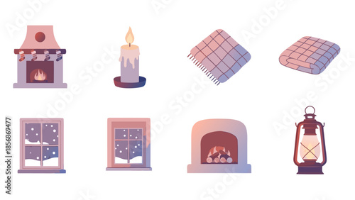 Cozy winter elements including fireplaces, windows, blankets, and a candle