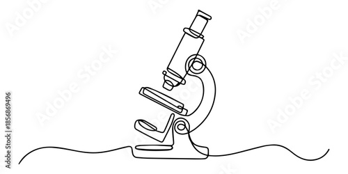 Continuous one line drawing of a laboratory microscope. Minimalist line art style microscope vector illustration, Continuous Line Drawing of Medical Research Icon. Hand Drawn Symbol Vector