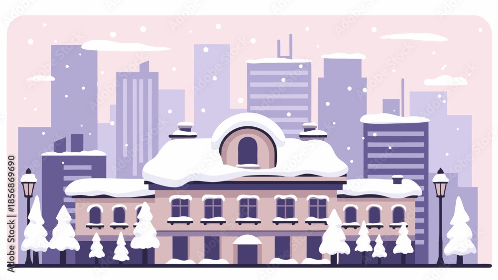 Obraz premium Charming flat illustration of a snow-covered building in a city during winter