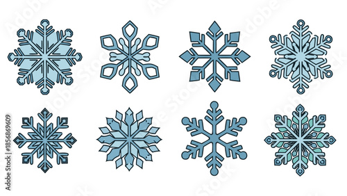 Collection of eight unique blue snowflake illustrations on a white background