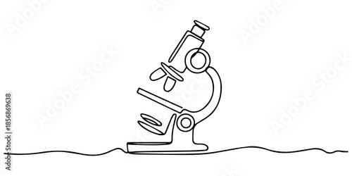 Continuous one line drawing of a laboratory microscope. Minimalist line art style microscope vector illustration, Continuous Line Drawing of Medical Research Icon. Hand Drawn Symbol Vector