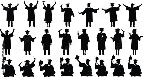 Black graduate silhouette collection with students in gowns holding diplomas and throwing caps, vector set for university graduation ceremony design,