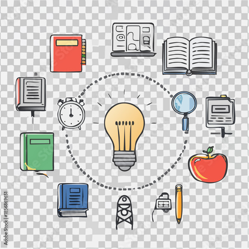 Pack d’icônes éducatives, line art, symboles de livres, idées, mathématiques, fond transparent.
