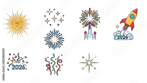 New Year's Eve celebration icons including fireworks, confetti, and a rocket launching in 2026
