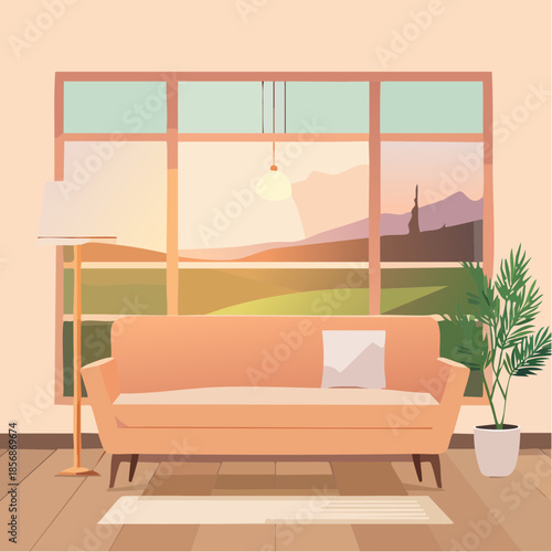 Illustration vectorielle d’intérieur minimaliste, style Scandinave, formes simples, palette neutre