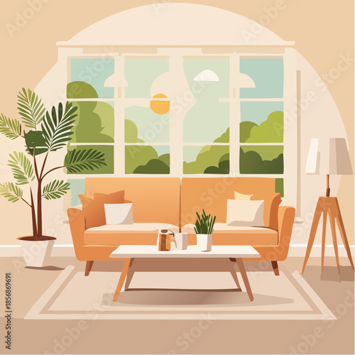 Illustration vectorielle d’intérieur minimaliste, style Scandinave, formes simples, palette neutre