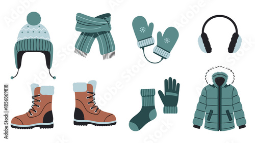 Collection of winter clothing and accessories for cold weather protection