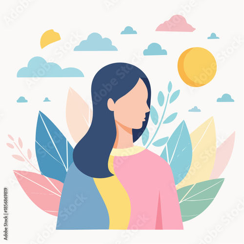 Illustration vectorielle bien‑être mental, silhouette humaine abstraite, formes douces, palette pastel, style minimaliste zen, apaisant, calme
