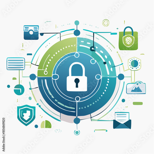 Concept abstrait de cybersécurité en vectoriel, formes géométriques, lignes fines, ambiance technologique, palette bleu/vert