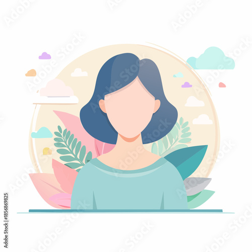 Illustration vectorielle bien‑être mental, silhouette humaine abstraite, formes douces, palette pastel, style minimaliste zen, apaisant, calme
