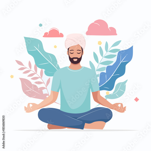 Illustration vectorielle bien‑être mental, silhouette humaine abstraite, formes douces, palette pastel, style minimaliste zen, apaisant, calme
