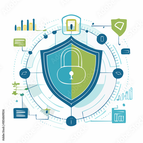 Concept abstrait de cybersécurité en vectoriel, formes géométriques, lignes fines, ambiance technologique, palette bleu/vert
