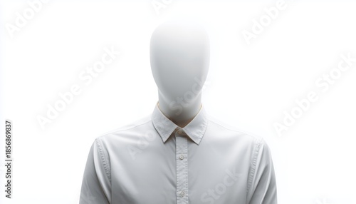 Headless Man Standing Against White Background: A Surreal Representation Of Mysterious And Unsettling Imagery Without Facial Features. Unique Conceptual Art.