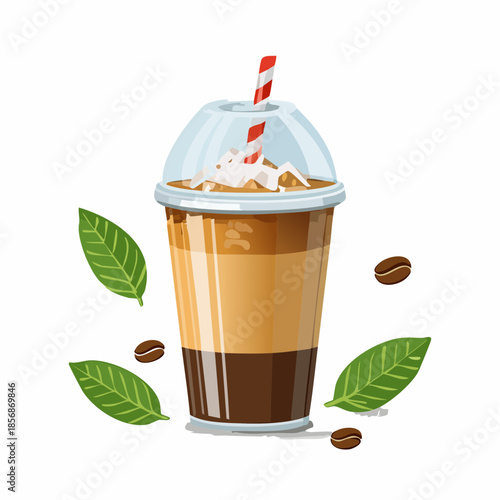 Café glacé en couches avec pailles rayées sur fond blanc