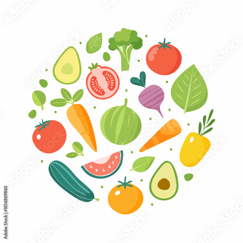 Ingrédients sains en cercle, illustration colorée de fruits et légumes frais, fond blanc
