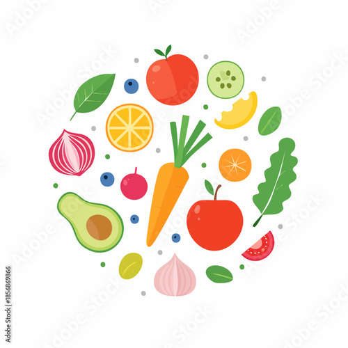Ingrédients sains en cercle, illustration colorée de fruits et légumes frais, fond blanc