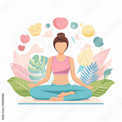 Illustration vectorielle bien‑être, formes plates douces, silhouettes humaines abstraites, palette pastel, style minimaliste zen, méditation, yoga.
