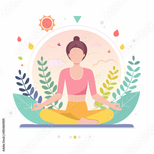 Illustration vectorielle bien‑être, formes plates douces, silhouettes humaines abstraites, palette pastel, style minimaliste zen, méditation, yoga.
