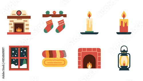 Cozy winter icons featuring fireplaces, stockings, candles, and a warm blanket