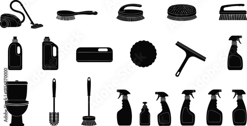 Black cleaning supply silhouette collection with vacuum spray bottles brushes and toilet vector set for sanitary hygiene house keeping design,