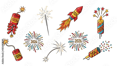 Happy New Year 2026 celebration with colorful fireworks and party poppers