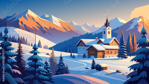 Very beautiful winter forest scene surrounding Chiesa Bianca near Maloja, with snow-covered trees, soft dusk light, and a serene alpine atmosphere in the Engadine region.