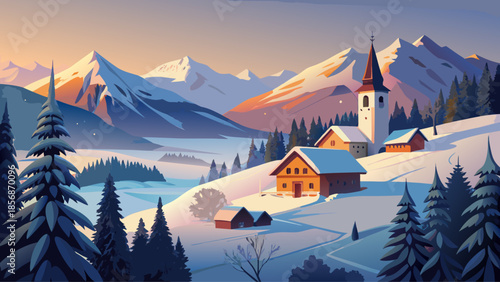 Very beautiful winter forest scene surrounding Chiesa Bianca near Maloja, with snow-covered trees, soft dusk light, and a serene alpine atmosphere in the Engadine region.