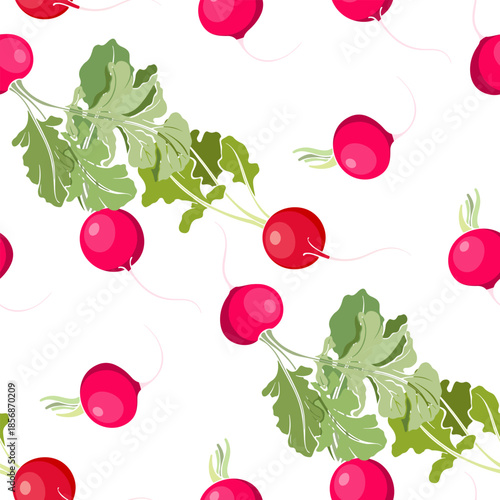Radishes. Seamless pattern on white. Vector food background. Perfect for design templates, wallpaper, wrapping, fabric, print and textile.