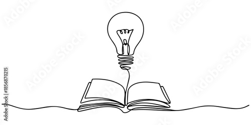 Opened book with glowing light bulb in one continuous line.  Symbol of education, reading and writing in one line style .Vector editable illustration, continuous one line art drawing of light bulb