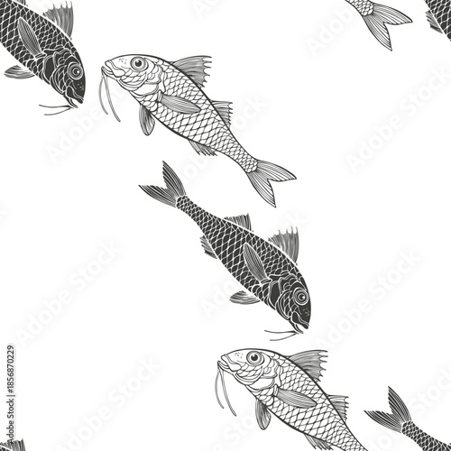 Red mullet on white background. Art seamless pattern. Vector. Perfect for design templates, wallpaper, wrapping, fabric, print and textile. Black silhouettes and contours on white.
