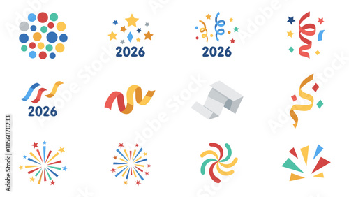 New Year 2026 celebration icons with confetti, fireworks, and streamers