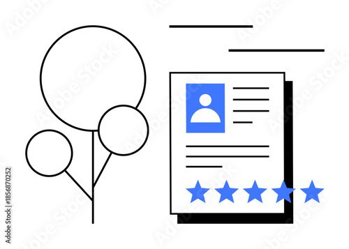 User profile with avatar, text lines, star rating, and minimalist tree design. Ideal for personal branding, online reviews, digital reputation, HR, recruitment feedback and evaluation themes