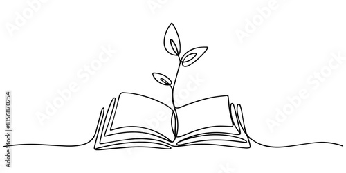 Opened book with branch of leaves corner frame. Continuous one line drawing, Opened book with sprout plant continuous one line drawing, Opened book with sprout plant in one continuous line drawing .