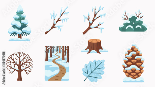 Collection of winter forest elements with snow and ice, flat design style